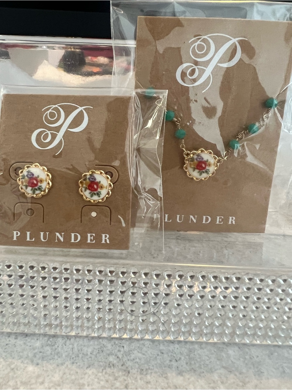 Gold Floral Necklace and Earring Set with Teal Beads and Pink Flower NWT